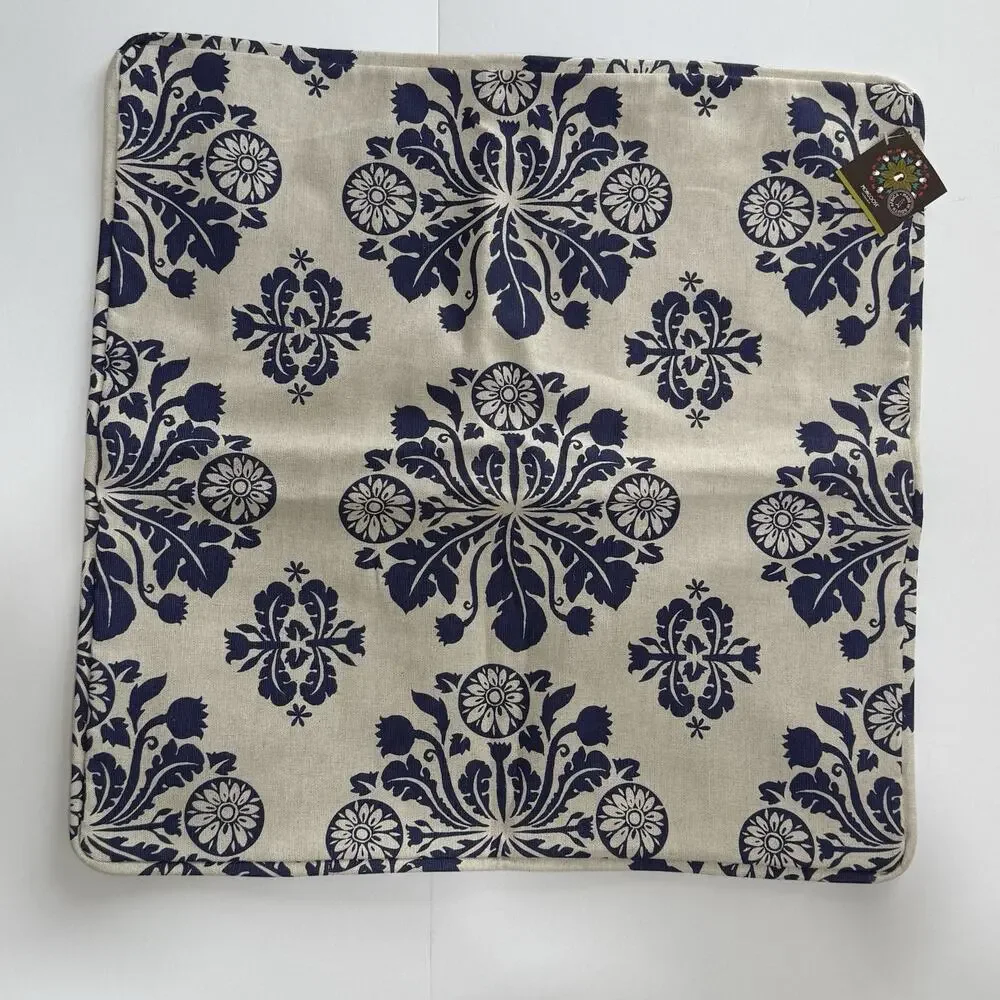 Mongoose Handcrafted 2 Blue Tile Print Cotton Pillow Covers 20”X20” Zip NWT